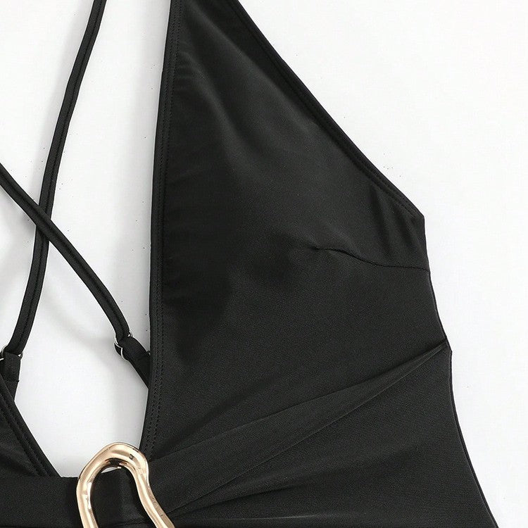 Damen Einteiliges Badeanzug mit tiefem V-Ausschnitt und elegantem Gold-Detail EB