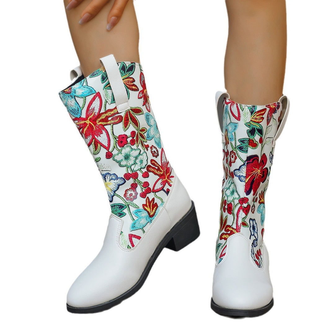 Damen Cowboy-Stiefel mit floralem Stickmotiv und komfortablem Blockabsatz EB