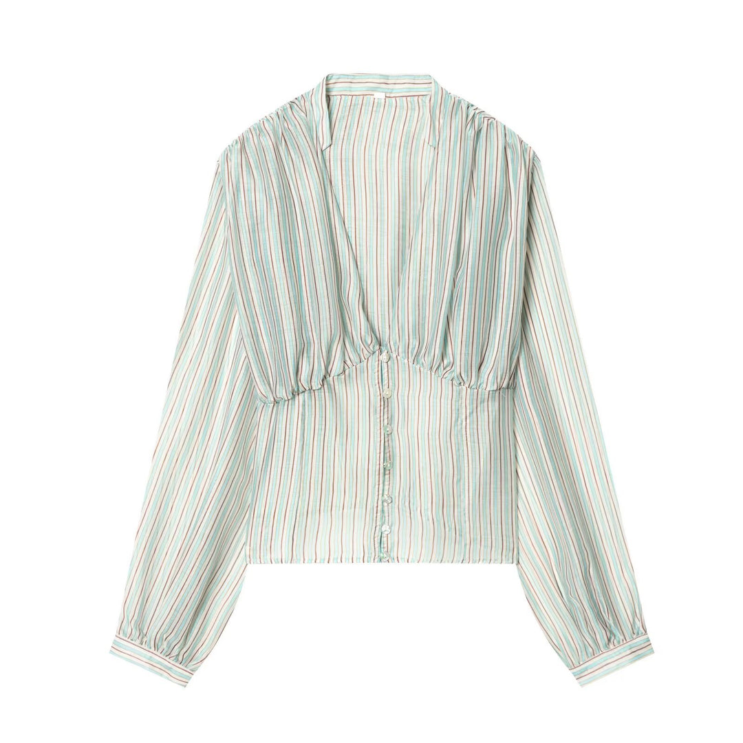 Damenbluse mit tiefem V-Ausschnitt und eleganten Rüschendetails EB
