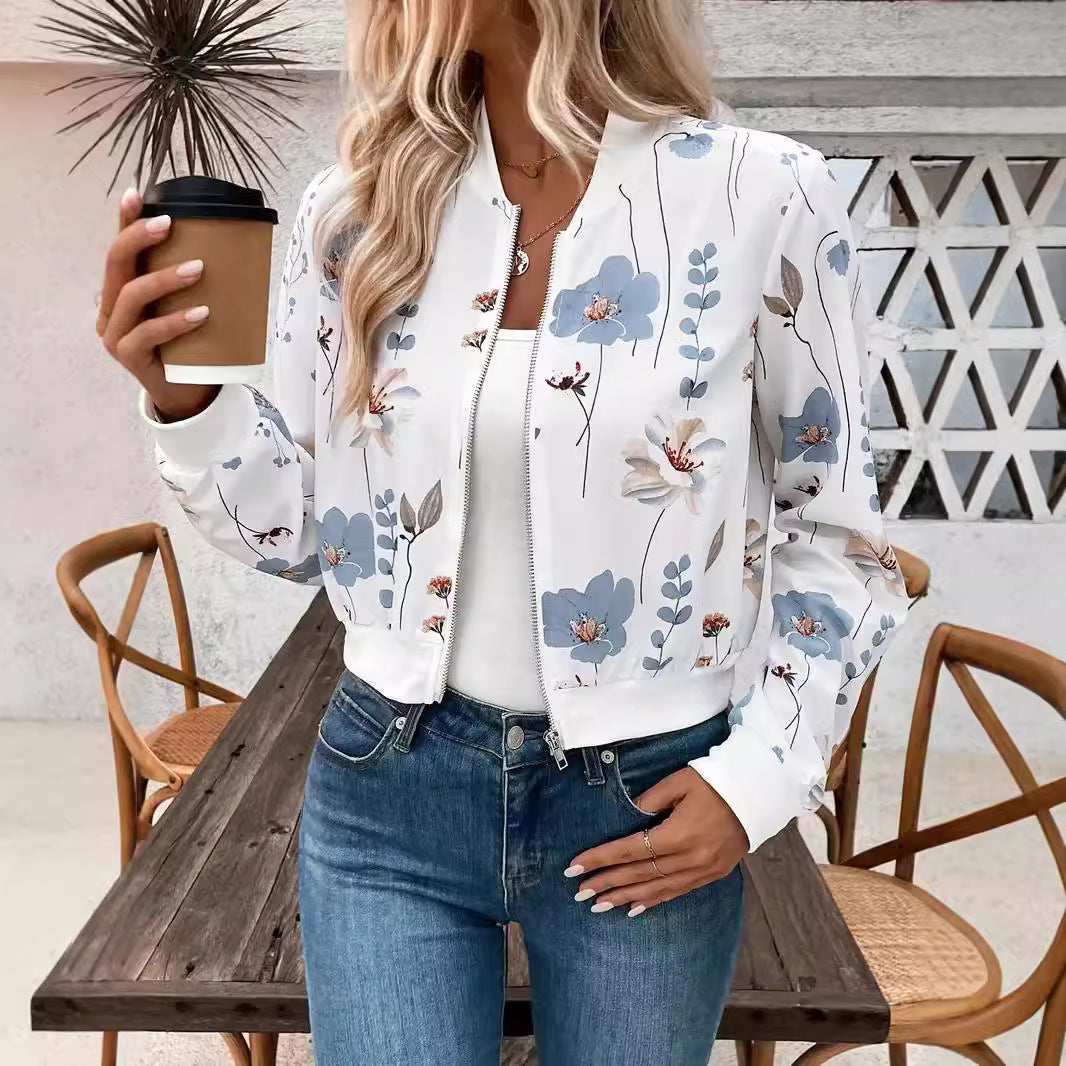 Damen Bomberjacke mit floralem Design und elastischen Bündchen EB