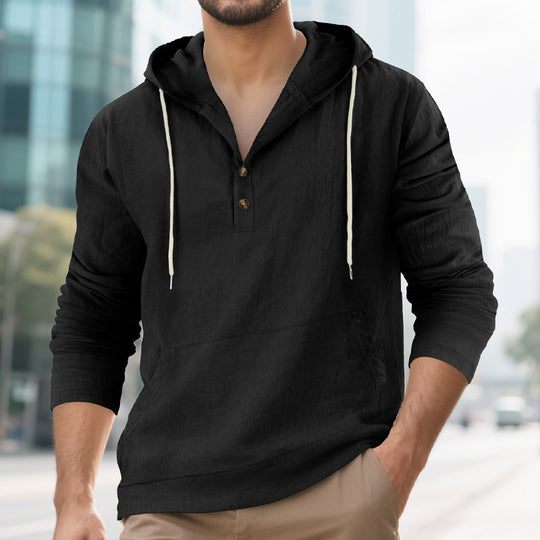 Herren nan Leinenoptik Henley-Kapuzenpullover mit Knopfleiste und Kängurutasche EB