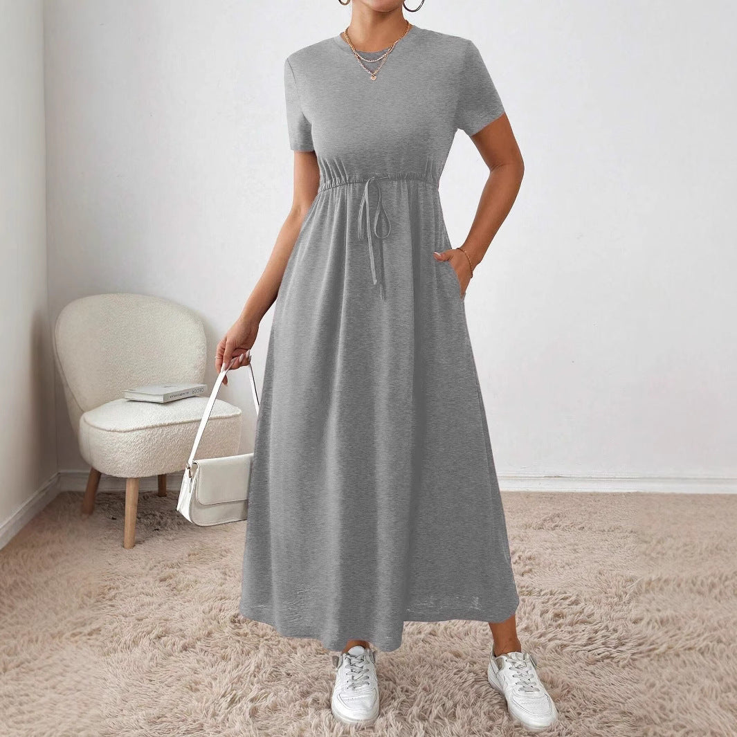 Damen lässiges Maxikleid mit elastischem Taillenbund und Rundhalsausschnitt EB