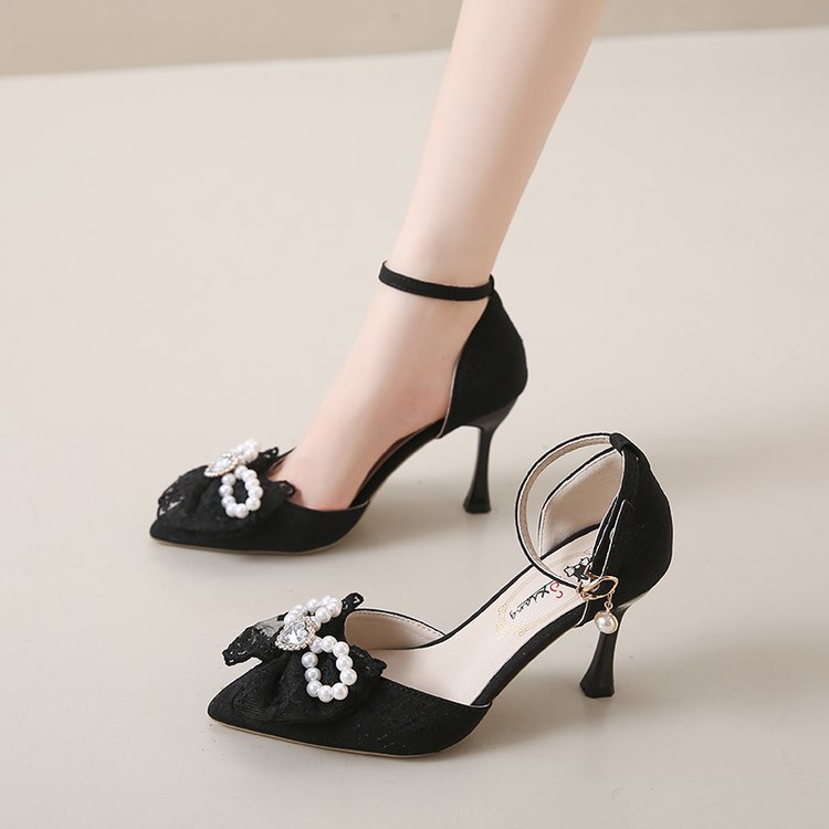 Damen elegante Mary Jane Pumps mit funkelndem Schleifen- und Perlenakzenten EB