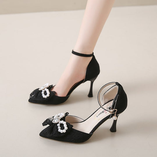 Damen elegante Mary Jane Pumps mit funkelndem Schleifen- und Perlenakzenten EB