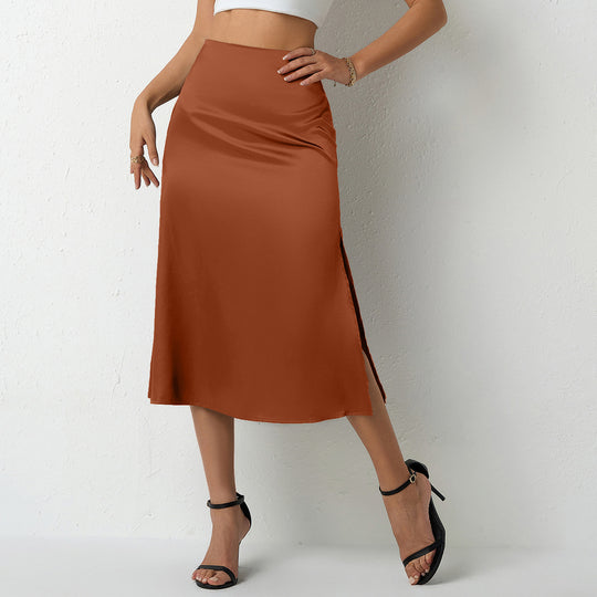 Damen eleganter Satin-Midirock mit fließendem Schnitt und hohem Bund EB