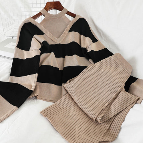 Damen modisches Strick-Loungewear-Set mit Streifenmuster und hohem Kragen EB