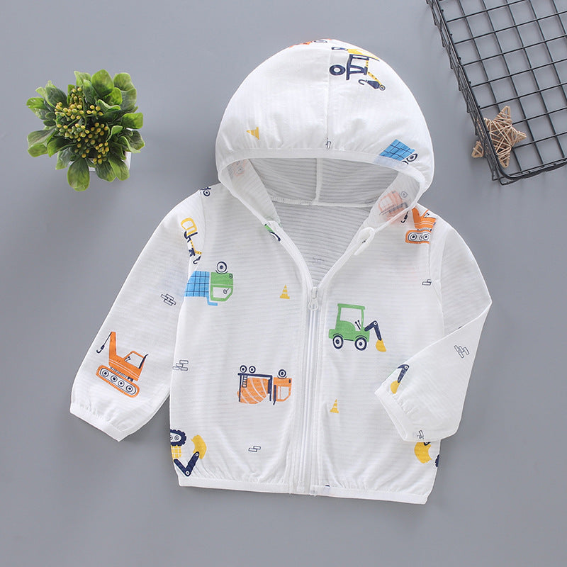 Unisex nan leichte atmungsaktive Musselin Kapuzen-Zip-Jacke mit verspieltem Auto-Muster für Kleinkinder EB