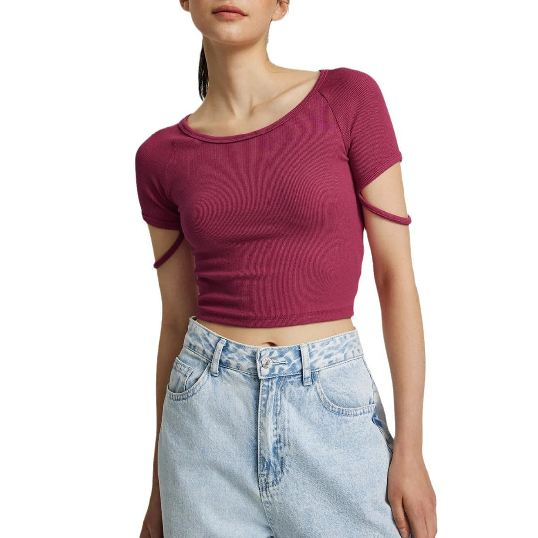 Damen kurzärmliges enganliegendes Crop-Top mit Rundhalsausschnitt EB