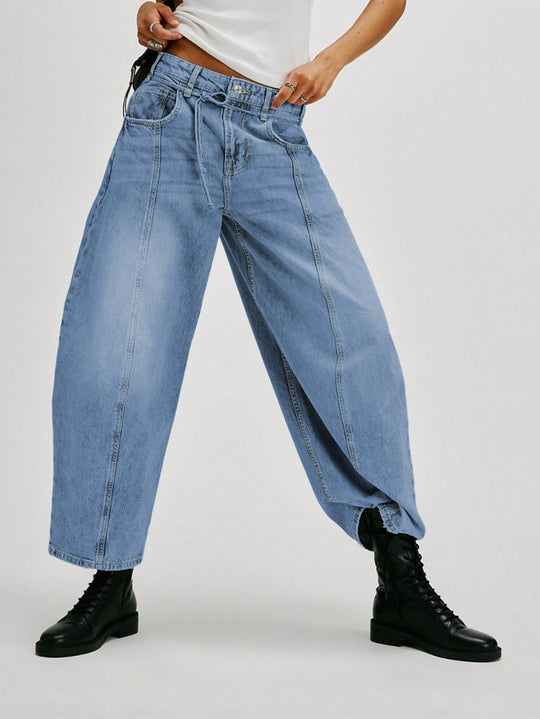 Damen Lässige Weite Denim-Hose mit Tunnelzug EB