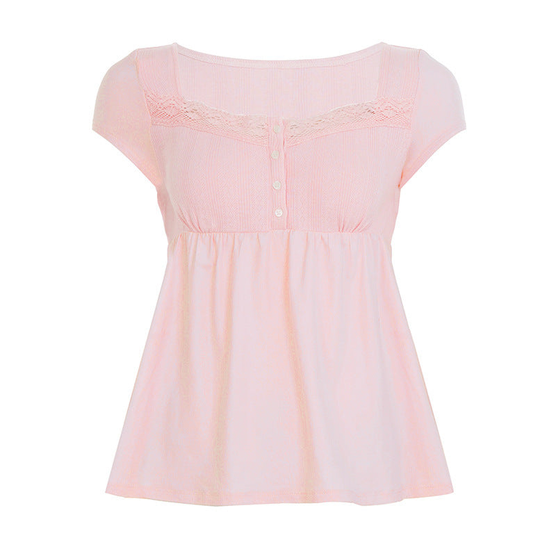 Damen lässiges T-Shirt mit Spitzenverzierung und Knopfdetails EB