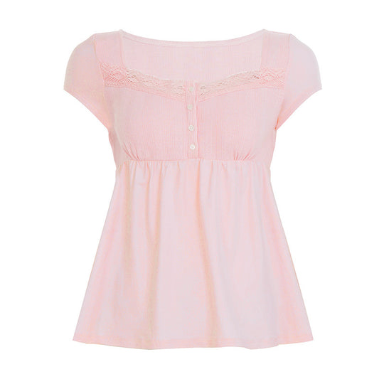 Damen lässiges T-Shirt mit Spitzenverzierung und Knopfdetails EB