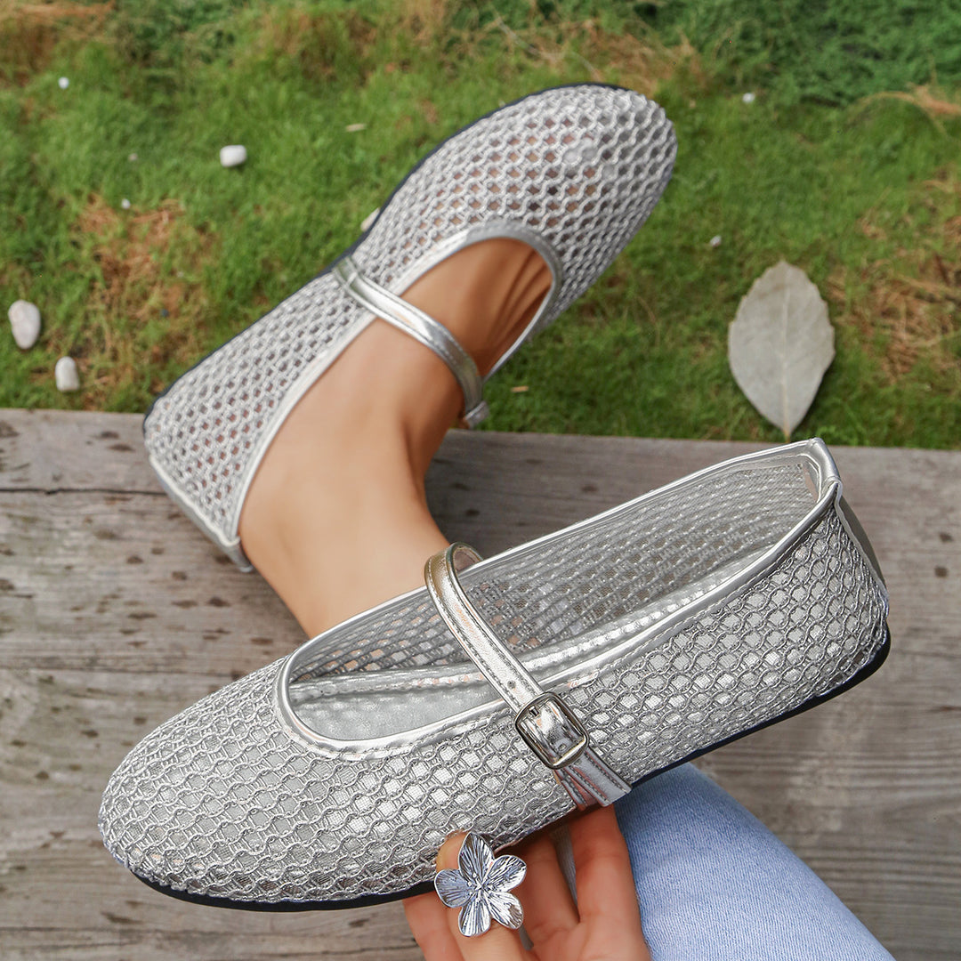 Damen Elegante Ballerinas mit modischem Netzdesign und dekorativer Schnallen-Applikation EB