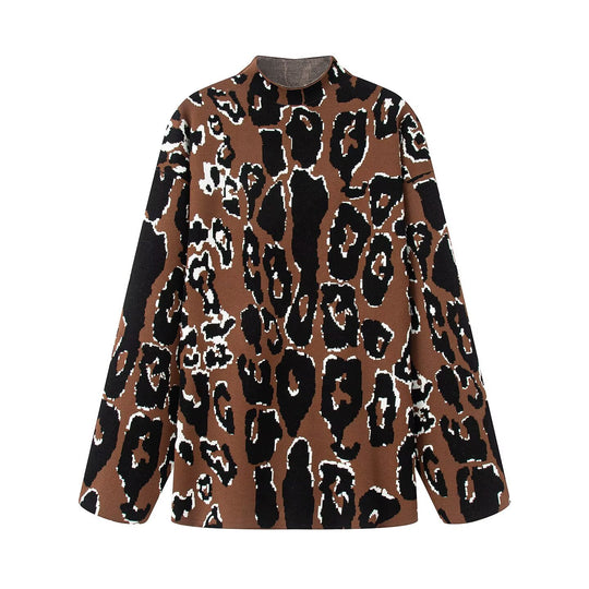 Damen Oversized Pullover mit animalischem Muster und hohem Kragen EB