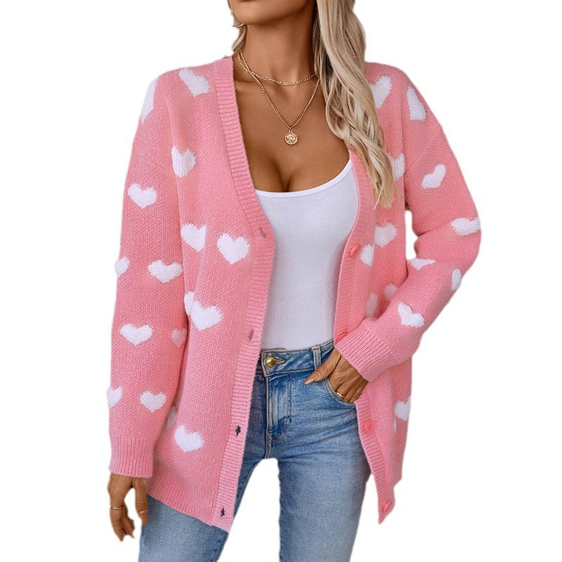 Damen gemütliche Strickjacke mit Herzmuster und V-Ausschnitt EB