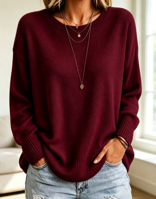 Damen Leichter Cashmere‑Touch Pullover mit Rundhalsausschnitt, überschnittener Schulter und gerippten Bündchen EB