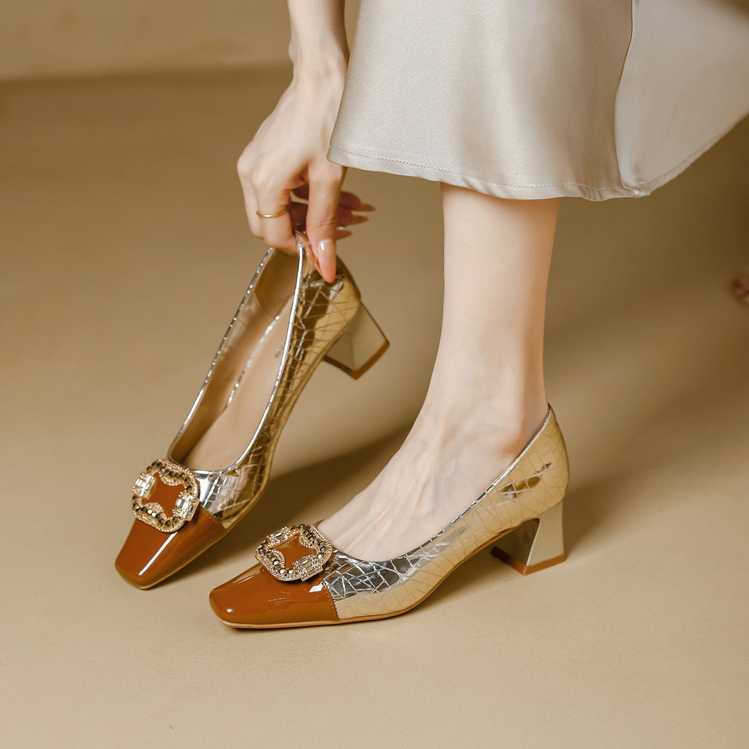 Damen elegante Pumps mit glänzender Schnalle und modischem Blockabsatz EB