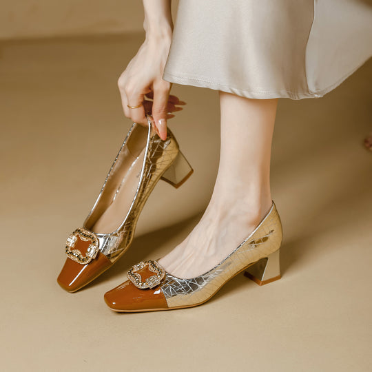 Damen elegante Pumps mit glänzender Schnalle und modischem Blockabsatz EB