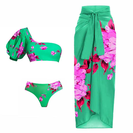 Damen Strand-Bikini-Set mit asymmetrischem Oberteil und elegantem Maxi-Rock EB