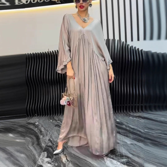 Damen Maxi-Kleid mit weit geschnittenem Design und elegantem V-Ausschnitt EB