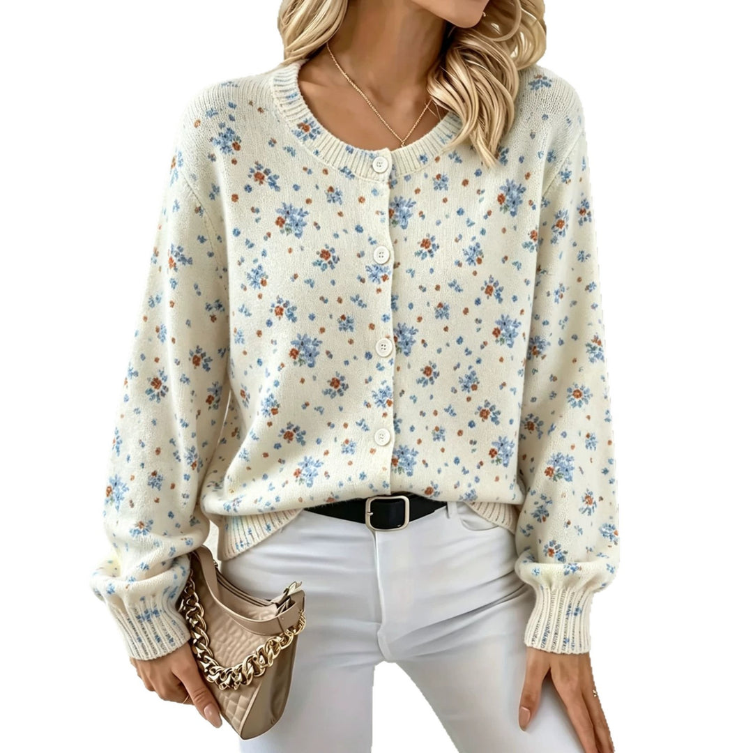 Damen Leichter Jacquard‑Strickcardigan mit Leo‑Print, Rundhalsausschnitt und Knopfleiste EB