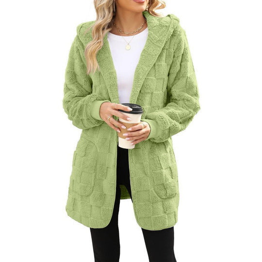 Damen nan kuschelige Kapuzen-Longjacke aus Teddyfleece mit aufgesetzten Taschen und strukturierter Karooptik EB