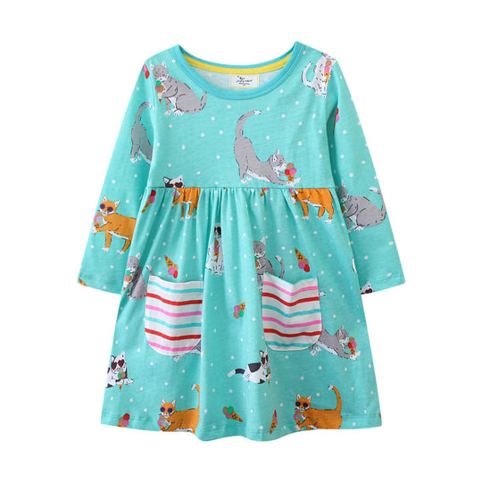 Mädchen Freizeitkleid mit verspieltem Katzenmotiv und praktischen Taschen EB