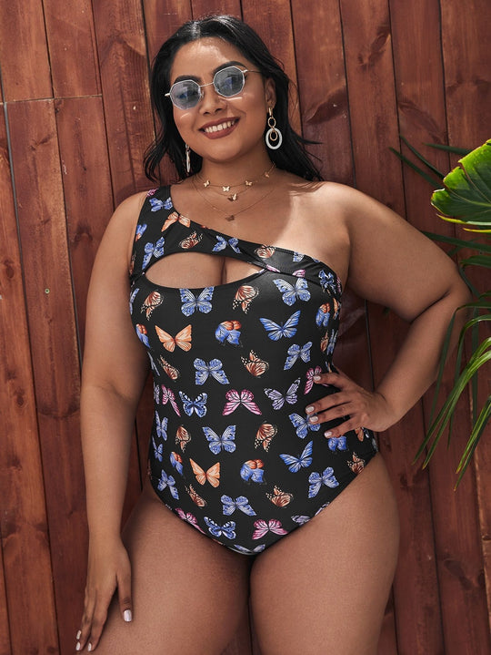 Damen Einseitiger Cut-Out Badeanzug mit floralen Schmetterlingsmotiven EB