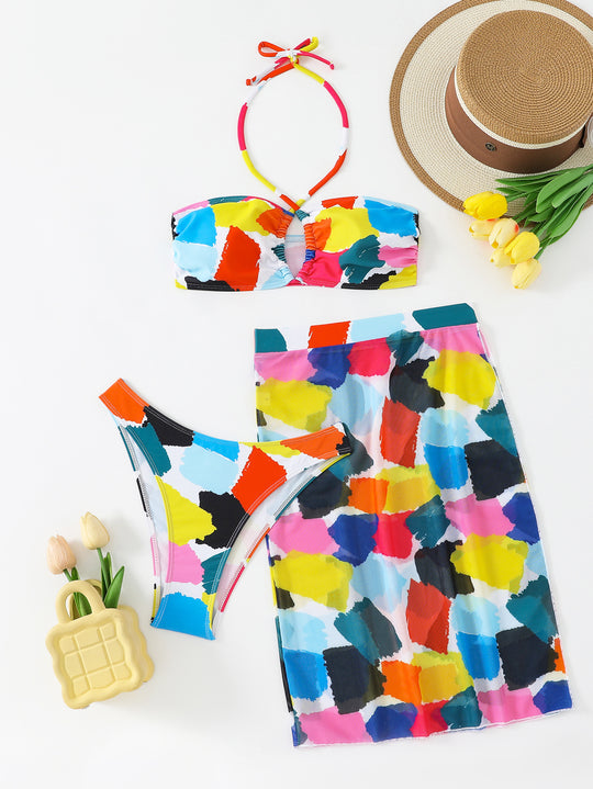 Damen Bunt bedrucktes Bikini-Set mit luftigem Überrock EB