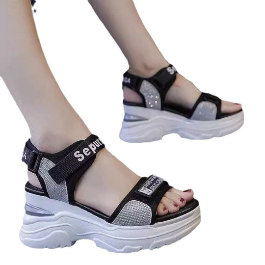 Damen Wedge-Sandalen mit elastischen Riemen und rutschfestem Fußbett EB