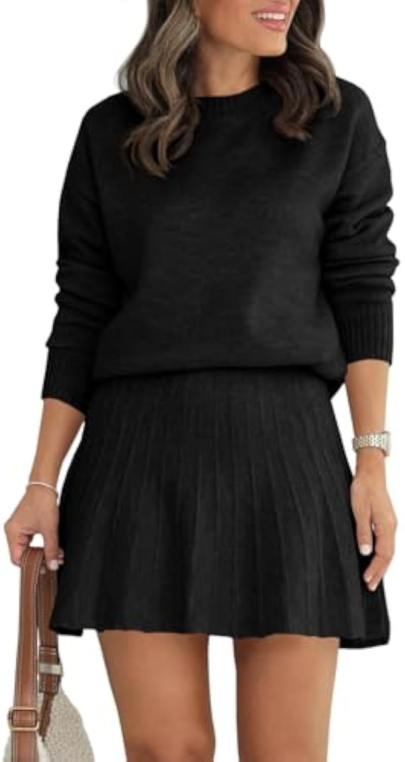 Damen Zweiteiliges Strick-Set mit Rundhals-Pullover und Plissée-Minirock EB