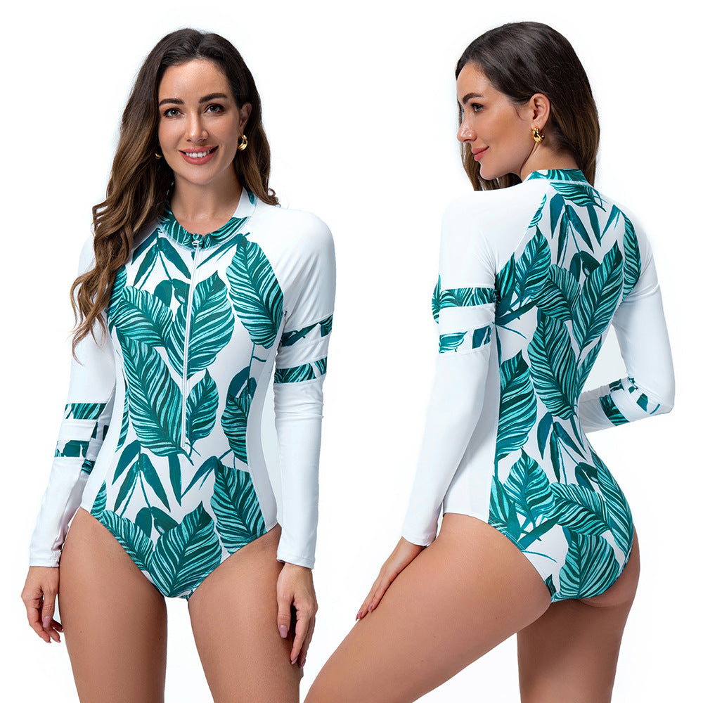 Damen Langarm-Schwimmanzug mit exotischem Blätterdesign EB