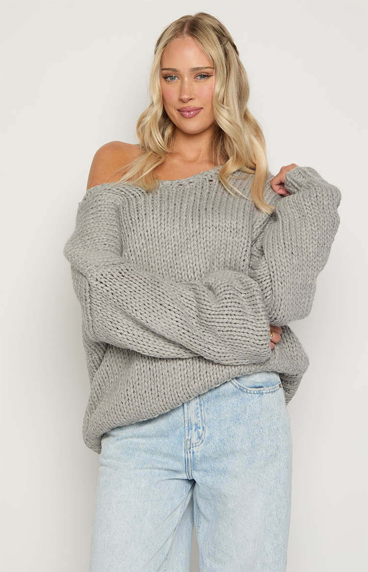 Damen oversized Strickpullover mit offenen Schultern und voluminösen Ärmeln EB