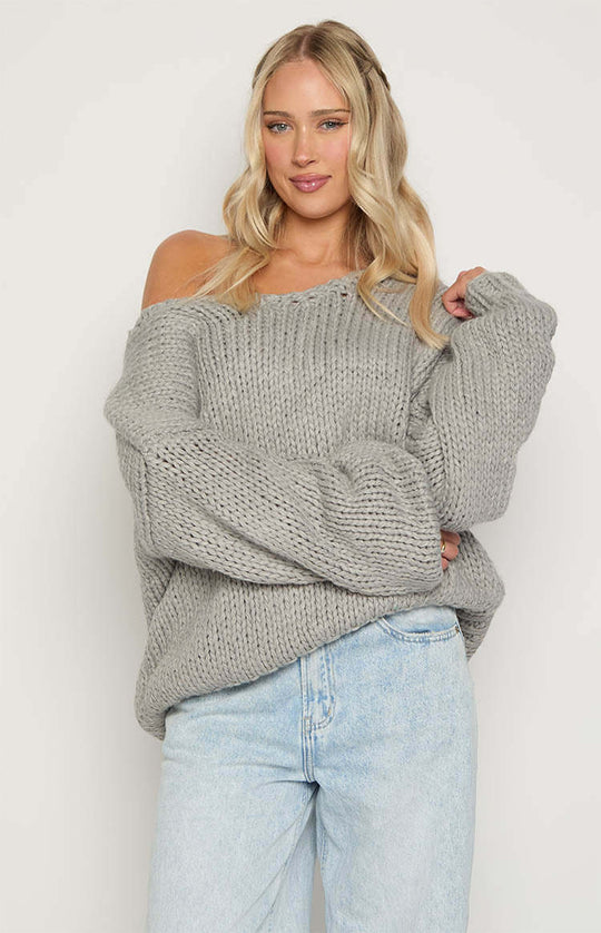 Damen oversized Strickpullover mit offenen Schultern und voluminösen Ärmeln EB
