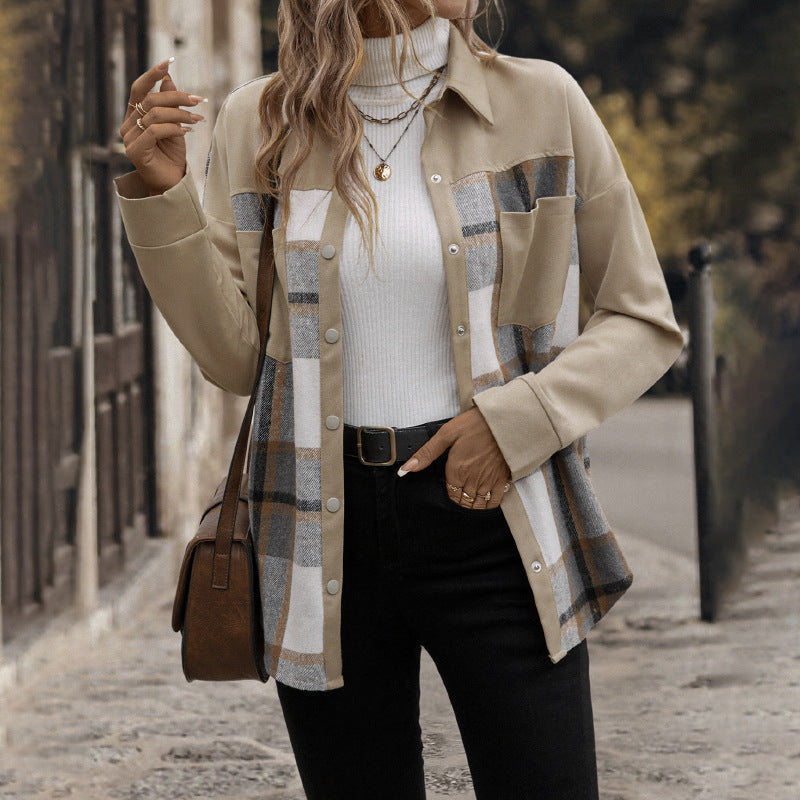 Damen Modische Karoschirtjacke mit Brusttaschen und Knopfleiste EB