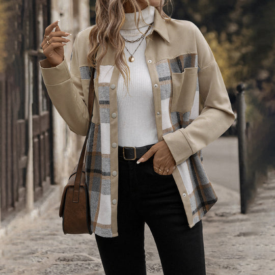 Damen Modische Karoschirtjacke mit Brusttaschen und Knopfleiste EB