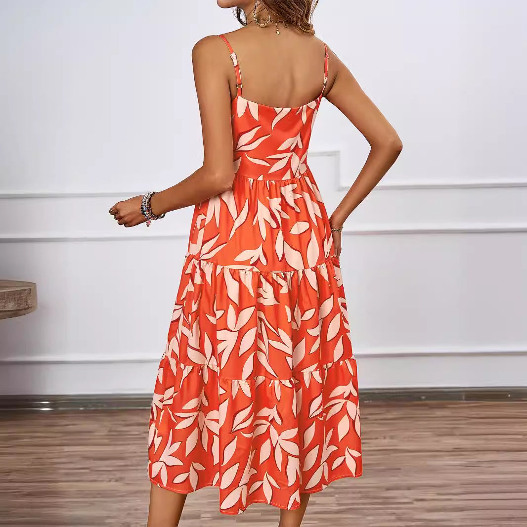 Damen Knielanges Freizeitkleid im modernen Layering-Design mit buntem Muster EB