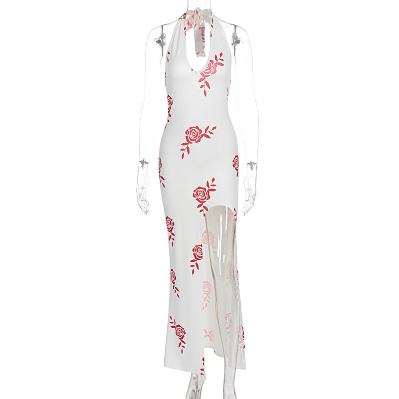 Damen Elegantes Maxikleid mit floralem Print und transparentem Schlitz EB