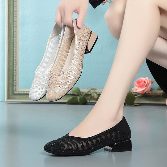 Damen Elegante Ballerinas mit funkelnden Strass-Details und komfortablem Blockabsatz EB