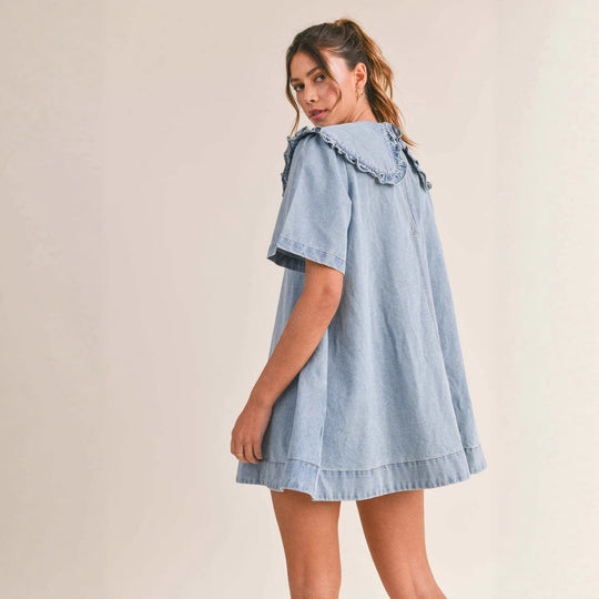 Damen Denim Kleid mit verspieltem Rüschenkragen EB