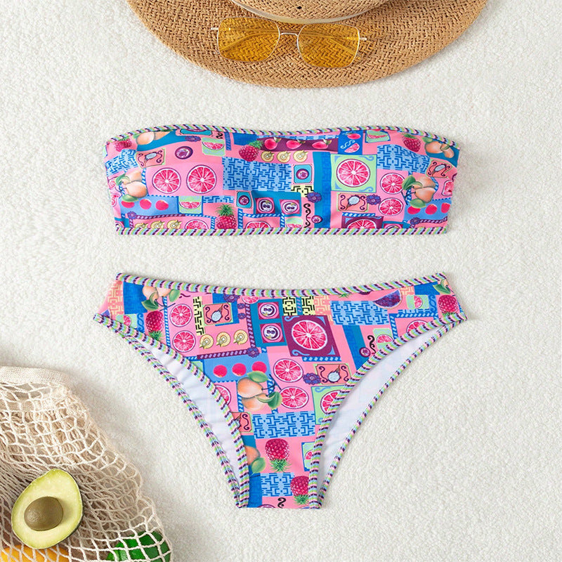 Damen Bandeau-Bikini mit buntem Fruchtmuster EB