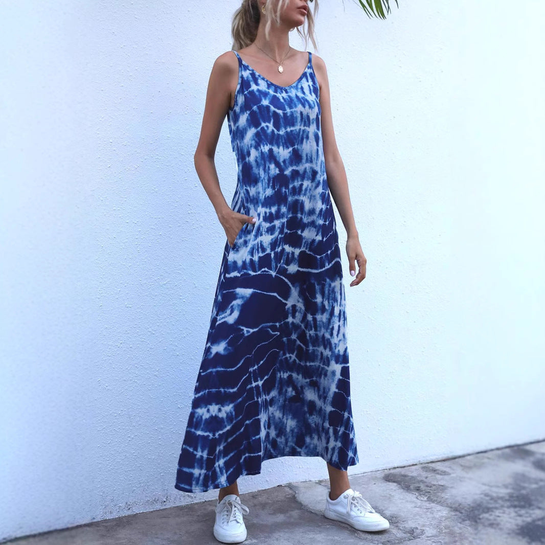 Damen Langes Sommerkleid aus elastischem Jersey mit asymmetrischem Schnitt und praktischen Taschen EB