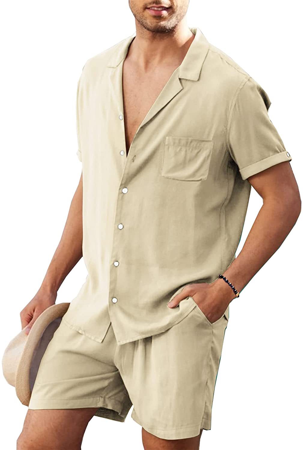 Herren nan zweiteiliges Sommer-Freizeitensemble mit offenem Revershemd und elastischer Kurzhose EB