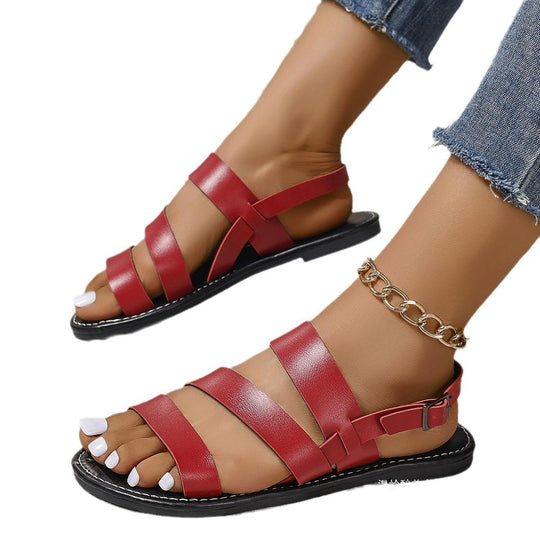 Damen Flache Lederoptik-Sandalen mit drei breiten Riemen, gepolstertem Komfortfußbett und verstellbarer Fersenlasche EB