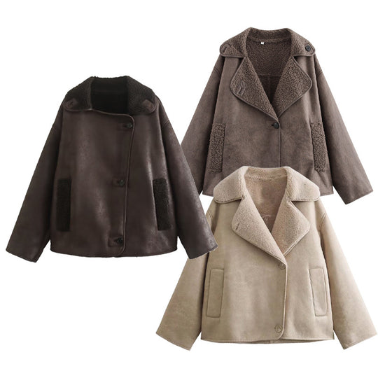 Damen Kunstpelzjacke mit stilvollem Kragen und praktischen Taschen EB