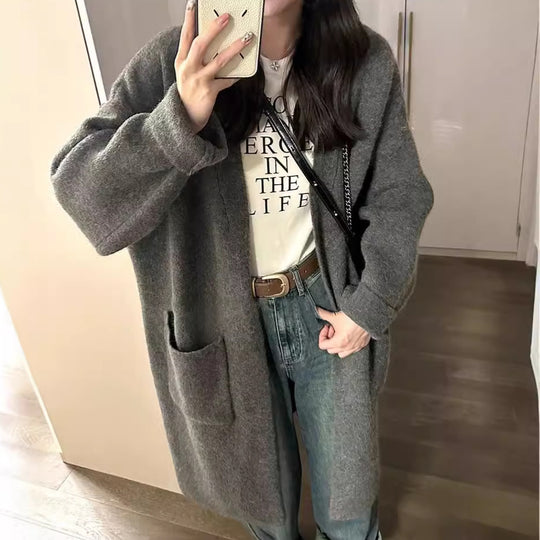 Damen Langer Oversized Strickcardigan mit praktischen Taschen und breiten Ärmeln EB