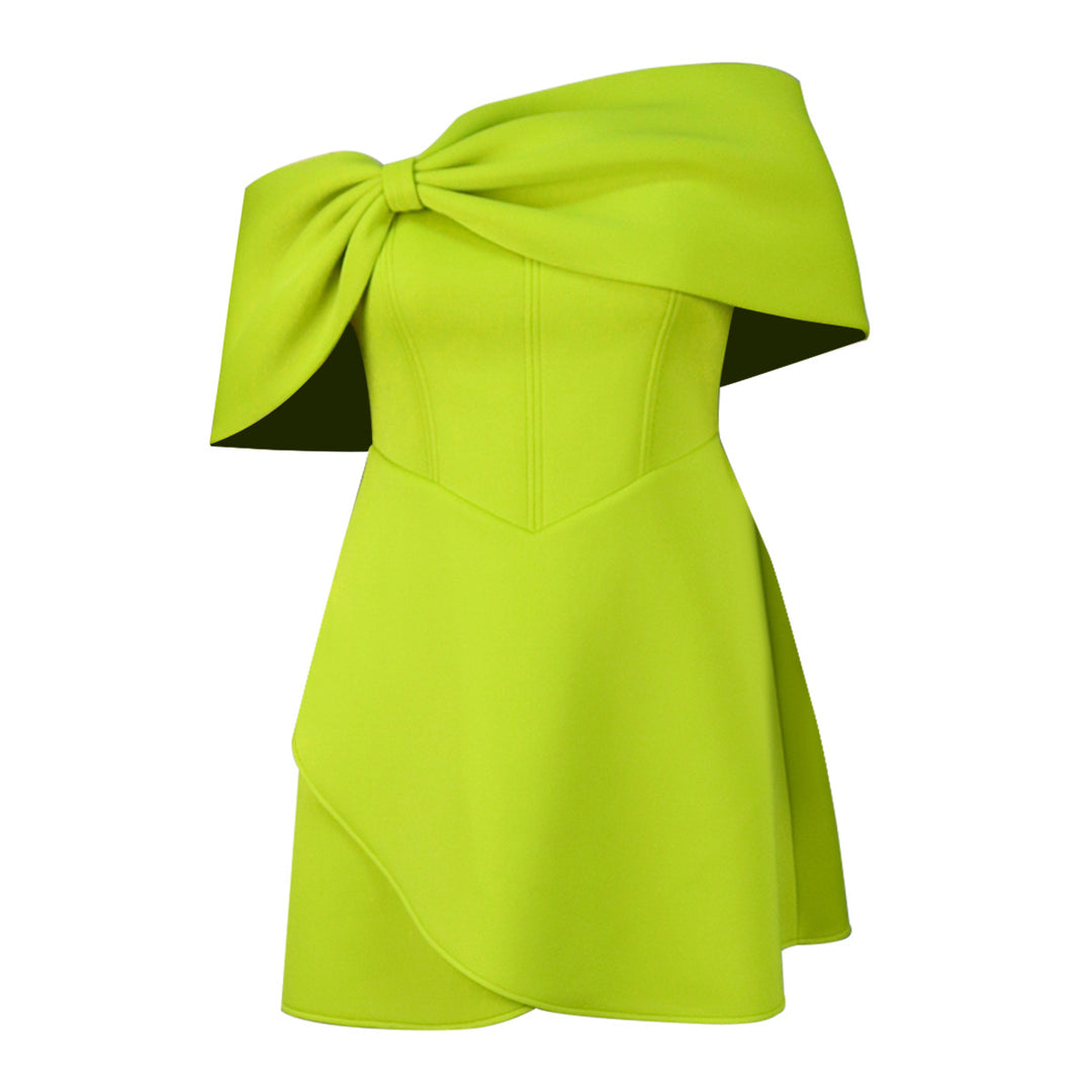 Damen elegantes Minikleid mit asymmetrischem Schnitt und voluminösem Überwurf EB