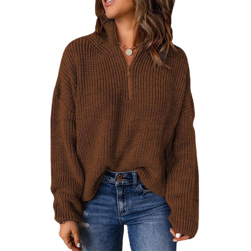 Damen Grobstrickpullover mit Stehkragen und Reißverschluss EB
