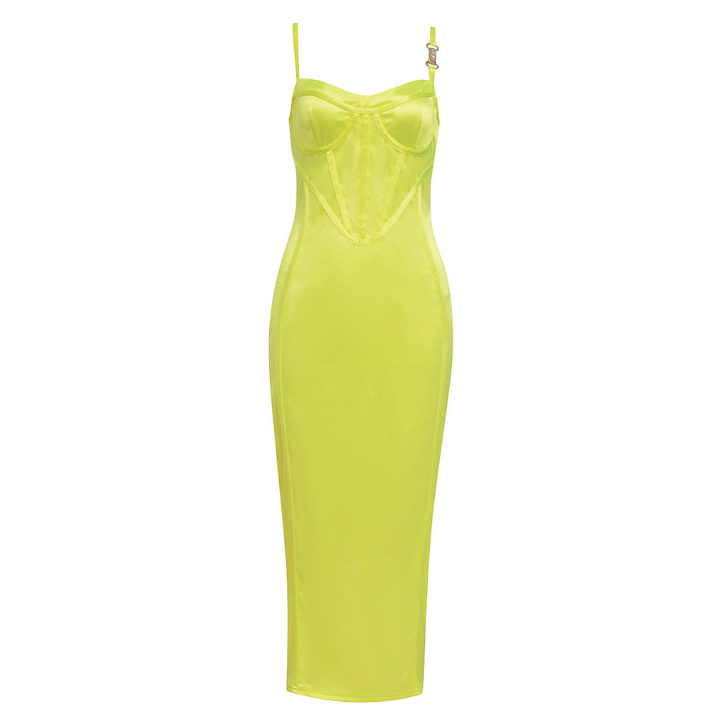 Damen Maxikleid mit verführerischem Bustier und schimmerndem Satin EB