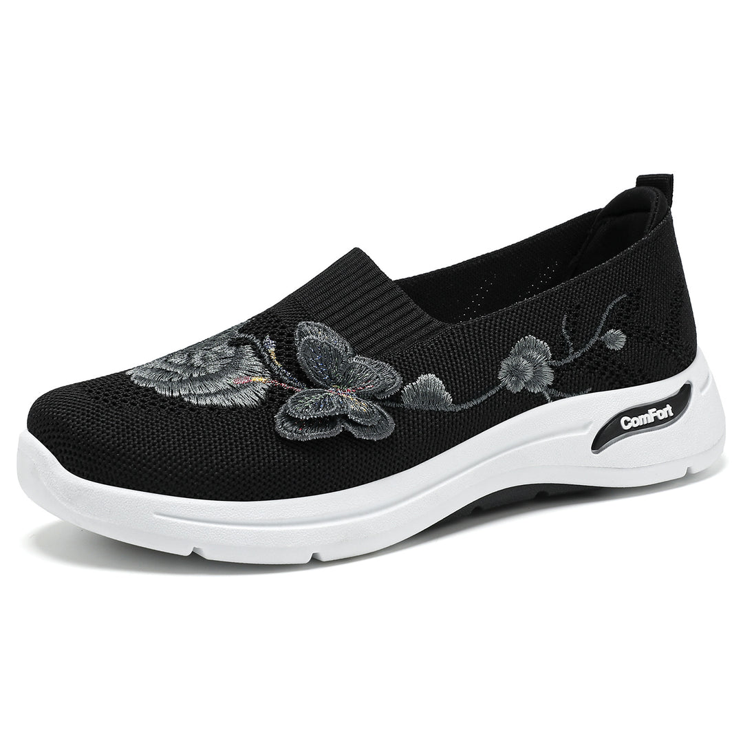 Damen nan gestrickter Slip-On Slipper mit 3D-Blumenstickerei und ergonomischer Komfort-Zwischensohle EB