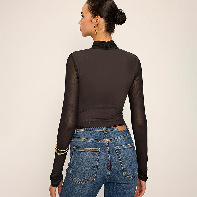 Damen Elegantes Wickeloberteil mit transparentem Stoff und langen Ärmeln EB